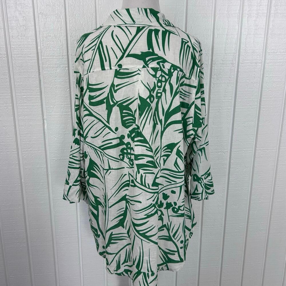 Christian Siriano NY Linen Blend Tropical Leaf Button Shirt Green White L - Picture 9 of 9